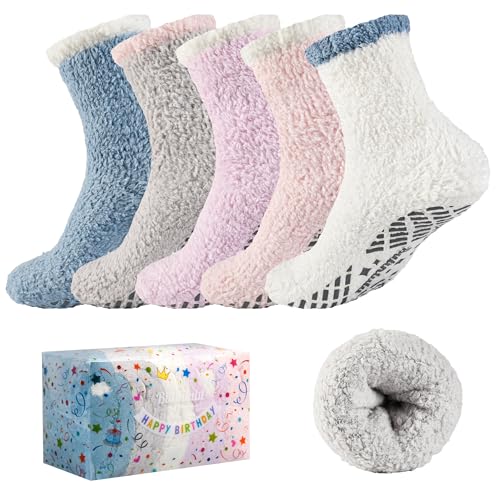 Image of Bulinlulu Fuzzy Socks With Grips for Women, 5 Pairs Non Slip Sleep Warm Fluffy Slipper Socks Gifts for Women