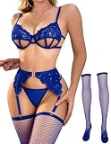 Avidlove 4 Piece Lingerie Set with Stockings and Underwire Bra Blue