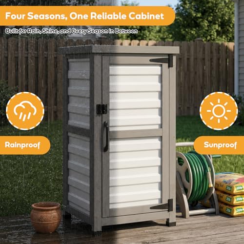 Image of PetsCosset Small Outdoor Storage Cabinet, Wood & Plastic Potting Bench Table Tool Organizer for Patio Backyard Garden, Metal Top, Adjustable Shelf, Corner Storage for Narrow Spaces