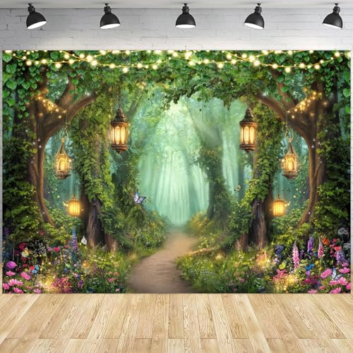 Fondo de Bosque Encantado Verde 7x5ft para Fotografía miniatura 1