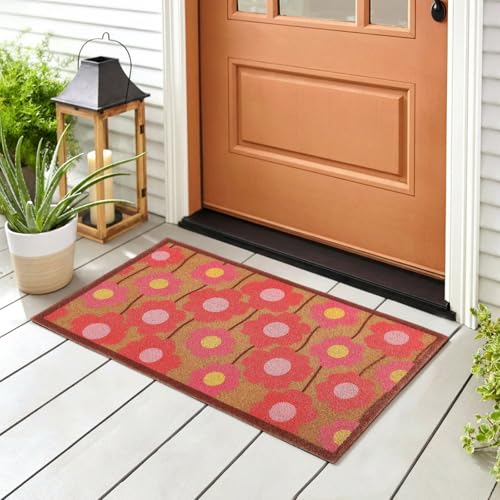 Breling Floral Coir Door Mat 16.5 x 29 Inch Natural Outdoor Welcome Mat Spring Flower Doormat Non...