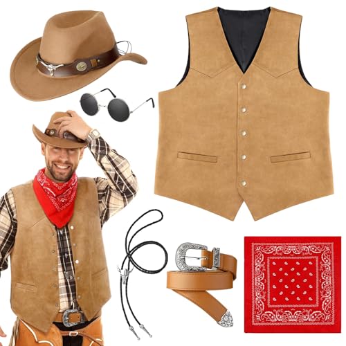 Vabean 6 Pcs Cowboy Costume Men Western Outfit Cowboy Vest