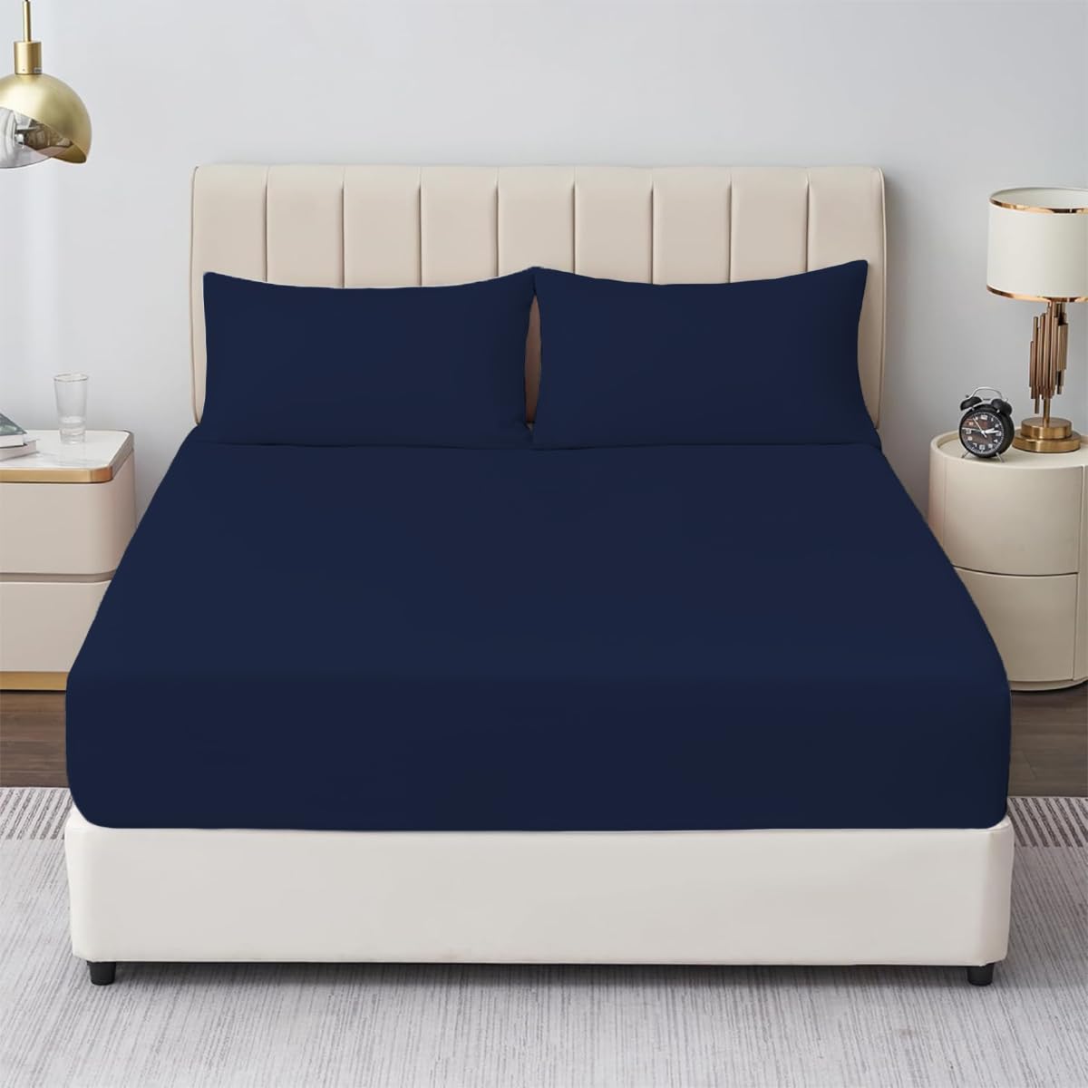 Rohi® King Size Fitted Sheet with Two Pillowcases – 25cm Depth – Pure Polycotton Plain Bedding (King Size Fitted Sheet & Pillowcases, Navy)