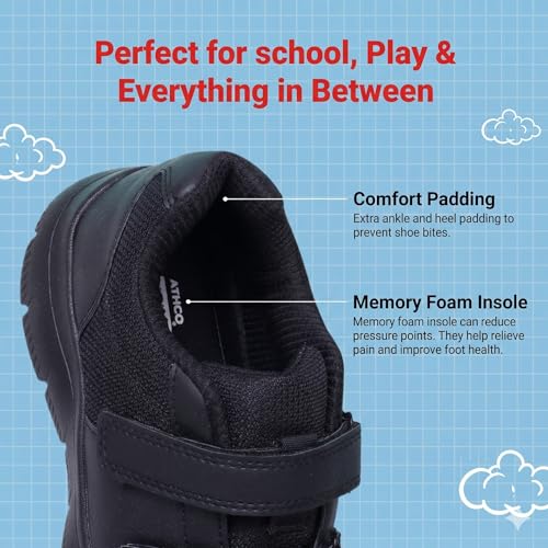 Image of ATHCO Fushion School Shoes Black for Boys & Girls| Soft Cushioned Memory Foam Heel Pad Support|Uniform Shoes | Lightweight | Velcroo |Easy Wear & Care|Padded Textured Heel Grip Lining | Breathable | All Day Comfort