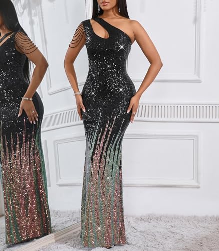 Image of Cololura Women Sequin Elegant Sexy One Shoulder Tassel Mermaid Bodycon Cocktail Evening Dress
