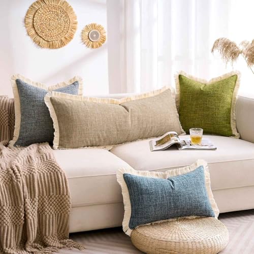 DAPTSY 14x36 Pillow Covers Long Khaki Boho Faux Linen Decorative Fringed Rustic Woven Textured Burlap Lumbar Pillow Covers for Bed Sofa Bedroom Living Room Home Decor Cushion Cover Pack of 1 by DAPTSY - Used condition - Image 9