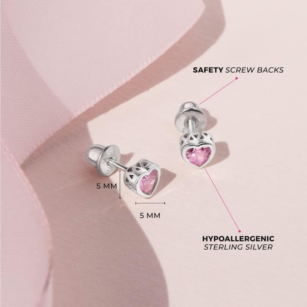 In Season Jewelry CZ Birthstone Heart Kids Earrings - 925 Sterling Silver Hypoallergenic Earrings for Girls with Secure Screw Backs - Safe & Comfortable for Toddlers, Kids & Little Girls