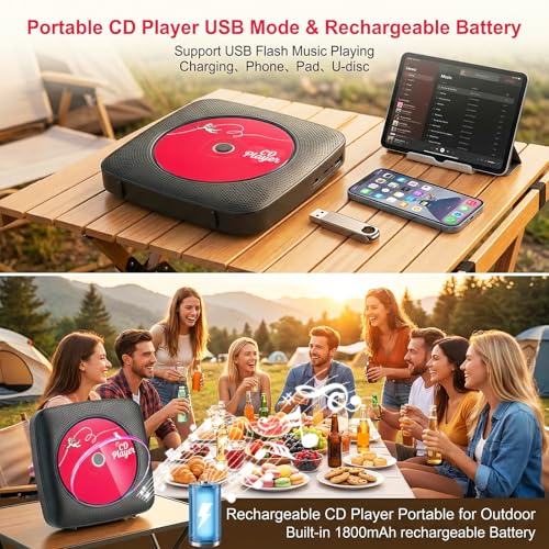 Image of Gueray Portable CD Player Bluetooth: CD Players for Home Rechargeable Desktop Wall Portable CD Player with Bluetooth & Dual Speakers 1800mAh Boombox FM Radio MP3 Music Player (Jet Black)