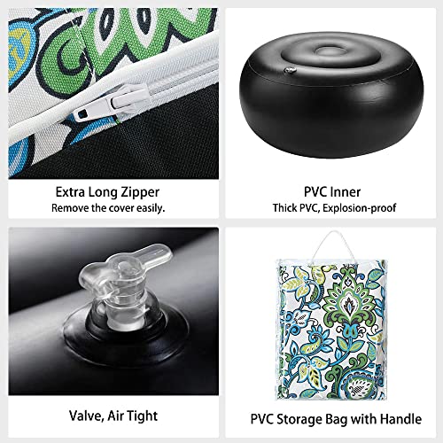 Magpie Fabrics Indoor/Outdoor Inflatable Stool Ottoman Pouf, Water Repellent Round Footrest Footstool With Foot Pump D20 Xh9, Portable For Patio Garden Travel Camping Or Home, Floral Blue Green #TOP3