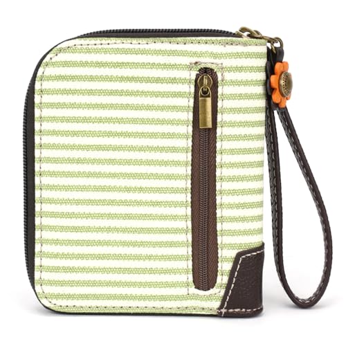 Image of CHALA Zip Around Wallet, Wristlet, 8 Credit Card Slots, Sturdy Pu Leather - Highland Cow - green stripe