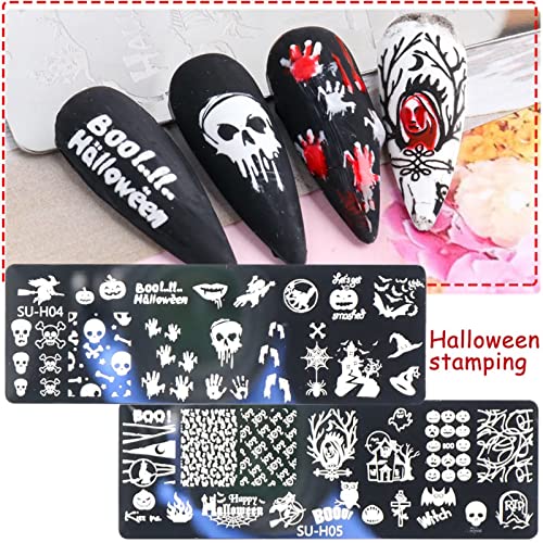 RUNRAYAY Halloween-Nagelkunst-Stempelplatten, 6-teilige Halloween-Nagelstempel-Plattenvorlagen Kürbis Grimasse Totenkopf Auge Urlaub Party Maniküre Schablonen Design-Werkzeug
