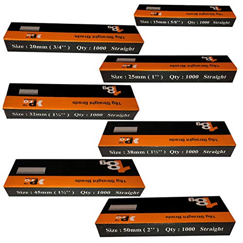 18g Brads Size 15mm, 20mm, 25mm, 32mm, 38mm, 45mm, 50mm(7000 Brads Mixed Pack)