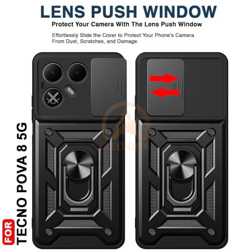 Image of Armor Bumper Back Cover Case for Tecno Pova 8 5G Rotating Camera Cover, Ring Holder & Kickstand | Heavy Duty & 360 Degree Protection Back Cover for Tecno Pova 8 5G (Black)