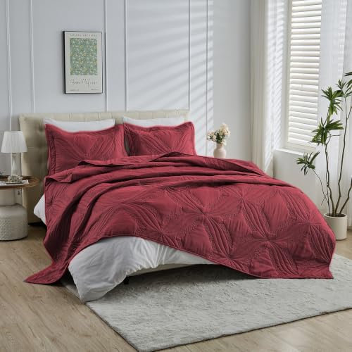 Image of Kingnex Oversized King Bedspreads 128x120 Ultrasonic Quilted Burgundy | Extra Wide Coverlet for Tall Split King Adjustable Bed or Cal King Size, 3 Piece Include 1 Quilt, 2 King Size Pillowcases