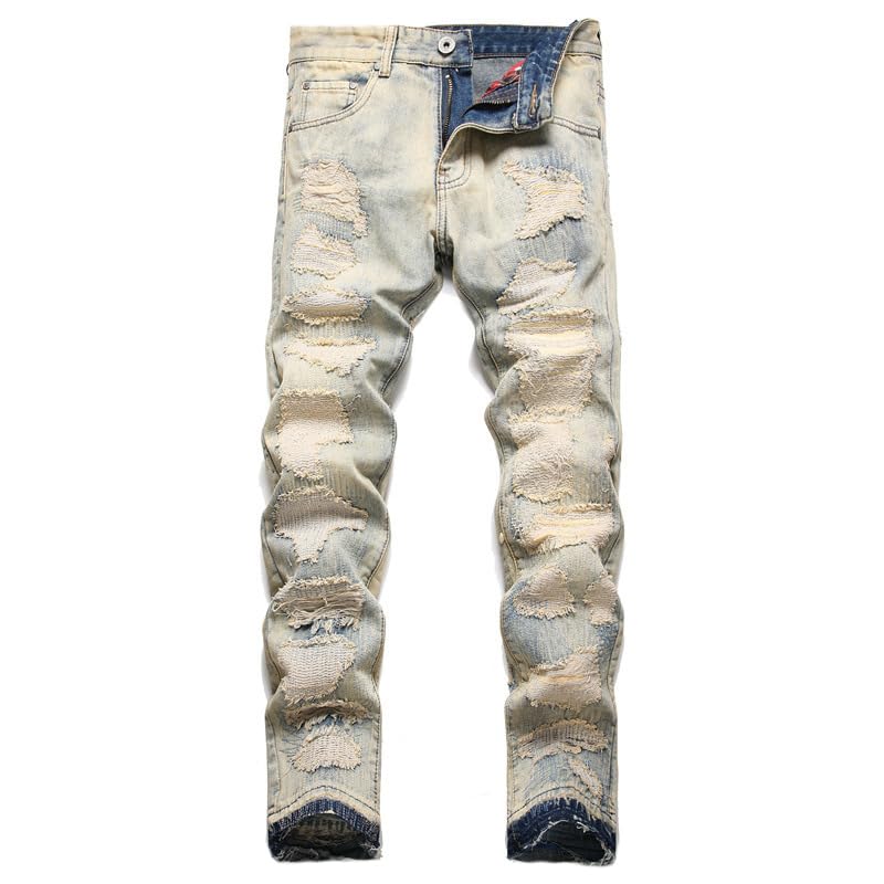 Men Jeans Retro Light Blue Embroidery Patched Ripped Jeans Mens Vintage Stretch Slim Denim Pants ​​Trousers
