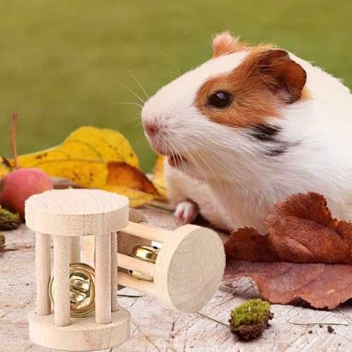 5 Pcs Hamster Chew Toys, Natural Wooden Chew Toy Set with Bell for Teeth Grinding, Dumbbell Roller Unicycle Molar Ball, Small Animals Toys for Rabbit Guinea Pig Chinchilla Gerbil Bird - Image 5