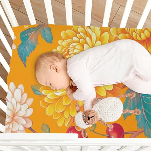 Image of Crib Sheet Breathable Soft Crib Mattress Sheet for Baby Toddler Boys Girls Fitted Crib Sheet Fit Standard Crib Mattress 39 x 27 Inch Orange Cute Chrysanthemum and Cherries