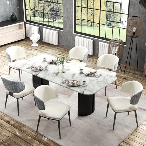 LovingAHome Modern Leather Dining Chairs Set of 6, Mid Century Upholstered Dining Chair, Curved Backrest with Black Metal Legs for Dining Room/Kitchen/Bar, White
