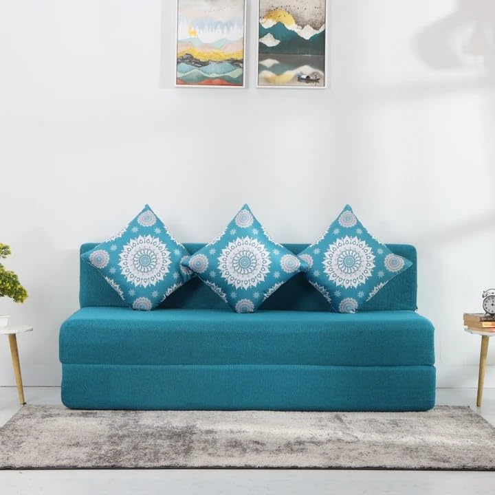 Image of Convertible Fabric Sofa Cum Bed | Foldable Double Foam & Washable Cover with Cushions | Modern Design Use Living Room & Guest Room (Jute-Blue-Lite-Flower, 5X6 Ft)