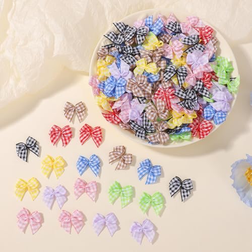 Condition photo showing New/Like New for yoyokid 200pcs 1" mini gingham ribbon bows, small tiny checkered fabric bows for crafts, diy sewing, wedding birthday gift wrapping, scrapbooking, easter party decorations 200pcs-multicolor (8 colors)
