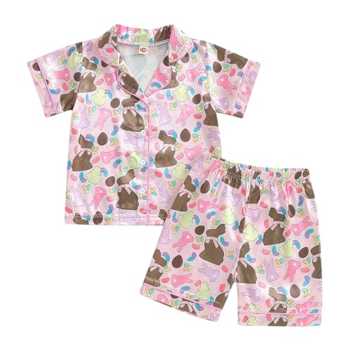 Toddler Baby Girl Easter Day Silk Pajamas Set Feather Trim Button Up Shirts Tops Shorts Pants Bunny Satin 2PCS Pj Set