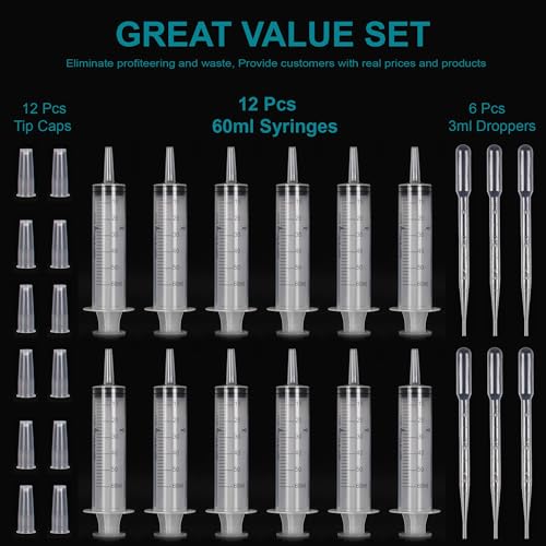 12pack 60ml syringe for liquid - large plastic syringes without needle for jello food thick liquids and irrigation water lip gloss filling feeding dogs meds measuring  12 pack 60 ml  cc