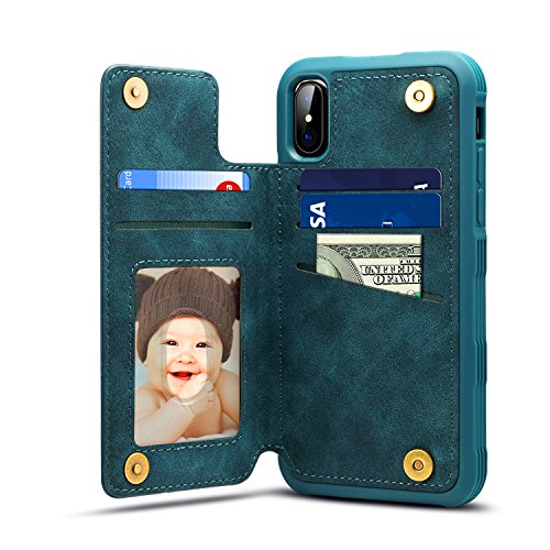 iPhone X Card Holder Case, iPhone X Wallet Case Slim, iPhone X Folio Leather case Cover Shockproof Case with Credit Card Slot, Durable Protective Case for iPhone 10 (Blue)