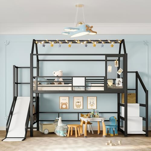Image of YOPTO Twin House Loft Bed with Slide and Stairs,Metal House-Shaped Roof Playhouse Bed w /Storage Shelves,Noise-Free,for Student Dorms,Studio,Black