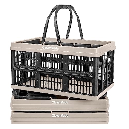 Image of CleverMade Collapsible Shopping Basket, 16L Storage Crate, 3 Pack, Tan | Keep Groceries Upright in the Car | Rigid Walls Carry 22 lb Each, Stack Securely, and Fold to 2.25 Inches for Storage