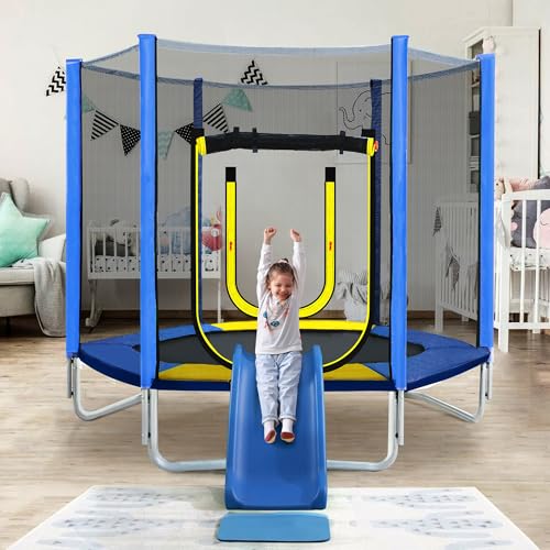 Merax 7ft Kids Trampoline with Slide,Enclosure Net and Ladder, Climb &lsquo;n Slide Small Toddler Trampoline Indoor Outdoor for Kids Blue