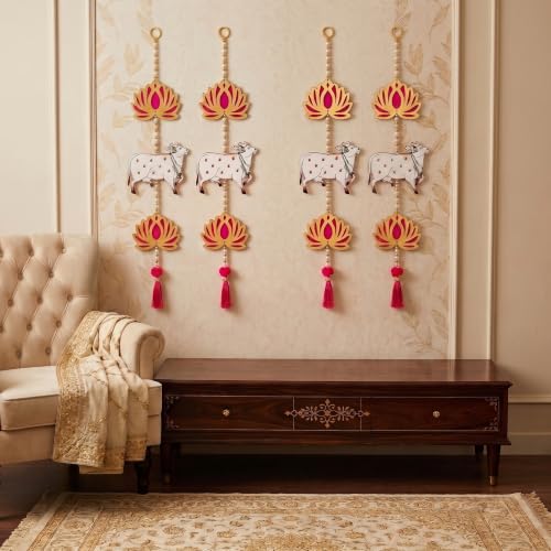 Image of JH Gallery Pichwai Cow Lotus - Ganesh Chaturthi Decoration Items for Home, Handmade Ganpati Makhar & Mandap Backdrop, Temple & Wall Hanging Decor (26 Inch, Pack of 4)