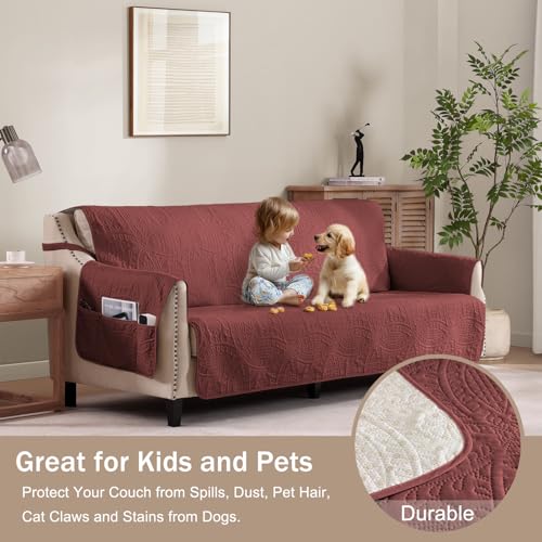Image of Red Loveseat Covers 2 Cushion Couch, Water-Repellent Sofa Cover for Love Seat, Washable Quilted Couch Covers, Pet Friendly Sofa Slipcovers (Loveseat 56 inch, Red)