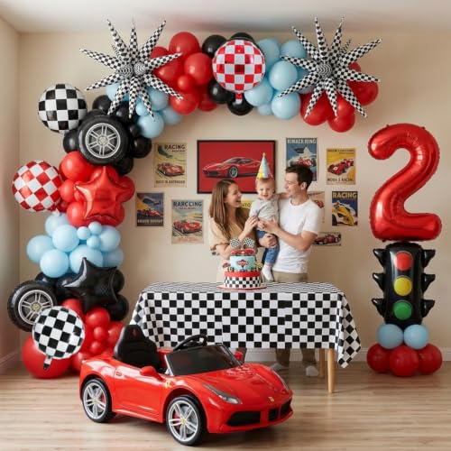 Image of TONIFUL Race Car Party Balloons Set - 40 Inch Red Number 2 Foil Balloon with Checkered Round, Explosion Star & Star Balloons for Boys 2nd Birthday Car Themed Decorations, Photo Backdrop Supplies