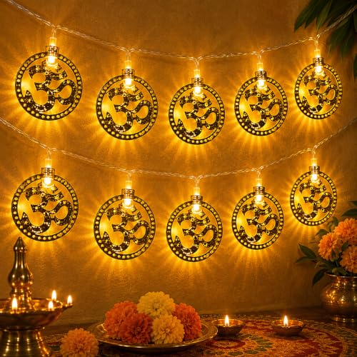 Image of MoonlitDreams Om LED String Lights, 3 Meter Metallic 3D Om Pendant Decorative Lights, Warm White Fairy Lights for Pooja Room, Mandir, Diwali & Festive Home Decoration (Plug-in)
