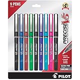 Pilot Precise V5 Rolling Ball Pens, Capped, Extra Fine Point (.5mm), 9-Pack Assorted Color Inks (26024), Black/Blue/Red/Green/Turquoise/Purple/Pink; Smooth, Skip-Free Writing; Visible Ink Supply