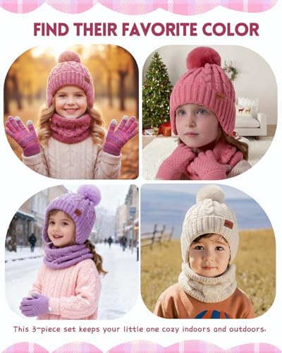 Image of Kids Winter Hat Gloves Scarf Set,Beanie with Pom Earflaps Neck Gaiter Fleece Lined Touchscreen Gloves for Girls Boys 3-10Y