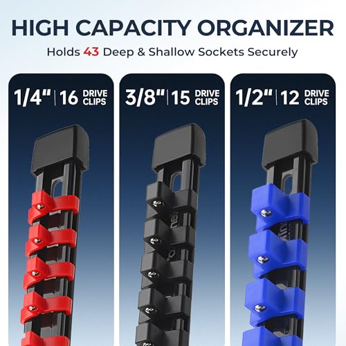 Image of Reniteco 3-Pack Socket Organizer Set, 1 /4 inch x 16 3 /8 inch x 15 1 /2 inch x 12 Clips | 43 Clip Capacity, Havy-Duty ABS Socket Rails, Removable Clips, Drive Socket Storage, Toolbox Drawer or Wall Mount