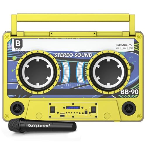 Image of Bumpboxx Remixx Retro Bluetooth Boombox | Portable Cassette-Style Speaker with High-Fidelity Sound & Wireless Mic | Highlighter Yellow (Renewed)