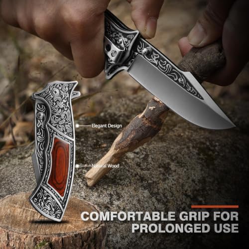 Image of DRACHENADER Pocket Knife with Sheath and Clip, 440C Stainless Steel Folding Knife 3D Retro Embossed Pattern, Gifts Christmas, Birthday, Father's Day (D-J37)
