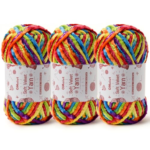 Image of 3x100g Fluffy Velvet Chenille Yarn for Crocheting and Knitting, 3x87.4yd Baby Yarn for Crocheting Soft, Crochet Chunky Yarns Amigurumi Yarns（Rainbow 2