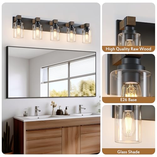 Image of Farmhouse Bathroom Vanity Light Fixtures, Rustic 5-Light Wood Vanity Lights for Bathroom, Vintage Black Wall Sconces Lighting, Light fixtures Over Mirror, with Glass Shade