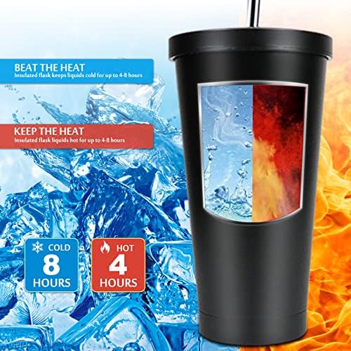 Travel Mug, Insulated Coffee Cup with Straw and Lid, 500ml Leakproof Stainless Steel Smoothie Bottle, Double Wall Vacuum Thermal Mug, Reusable Coffee Mug for Hot & Cold Water Tea Drinks, Black