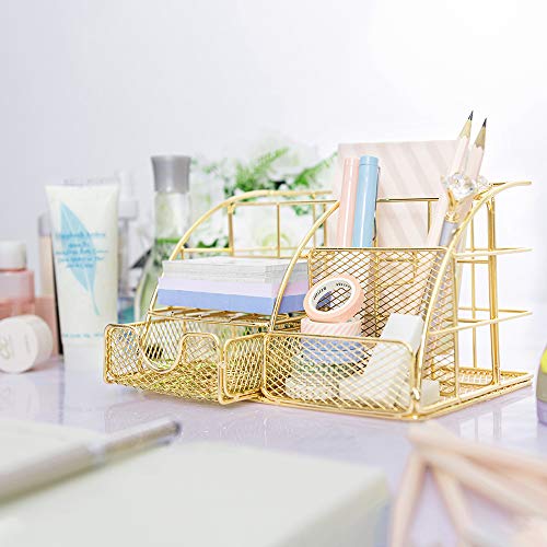 image for Gold Desk Organizer, AUPSEN Mesh Office Supplies Desk Accessories, Fea