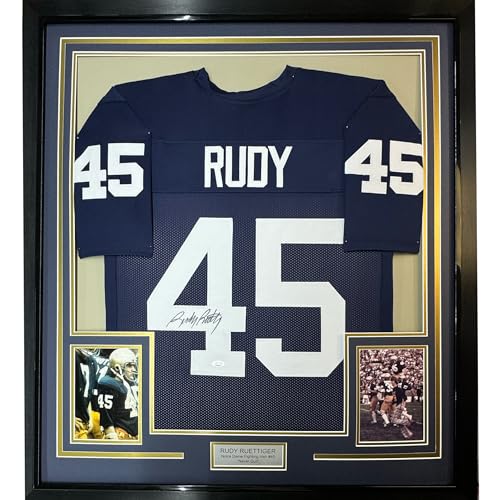 Framed Autographed/Signed Rudy Ruettiger 33x42 Notre Dame Blue Rudy College