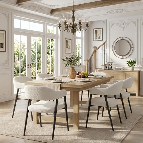 Image of HNY Modern Dining Room Arm Chairs Set of 6, Faux Sherpa Boucle Upholstered Barrel Dining Chairs with Arms Mid-Century White Accent Chair with Metal Legs, Open-Back Kitchen Side Chair for Living Room