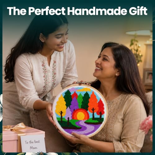 Image of picknMAKE Rainbow Forest Sunset Punch Needle Kit for Beginners | DIY Punch Needle Embroidery Kit with 8 Inch Wooden Hoop, Pre-Printed Fabric, 9 Wool Yarn Colours | Craft Kit for Adults & Gift