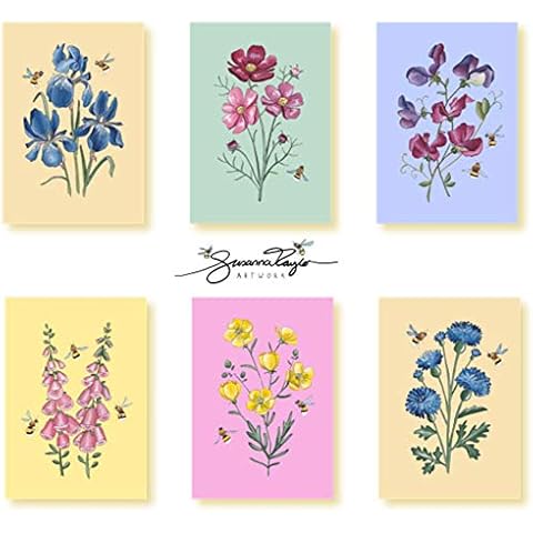Beautiful Floral Art Mixed 12 Pack by Susanna Taylor A6 Blank Inside Note Cards with White Envelopes Cover
