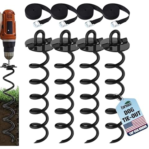 Eurmax USA 4-Pc Pack Spiral Stakes Heavy Duty Anchor Kit Ice Screw Anchor for Trampoline, Tents, tarps, Canopies,car Ports,Dog tie Out and etc Bonus Tie Down Straps 4-Pc Pack (Black) Cover