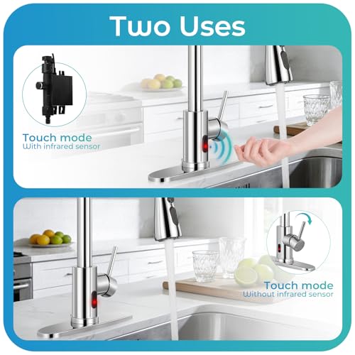 Image of Touchless Kitchen Faucet with Pull Down Sprayer - Polished Chrome Single Handle Kitchen Faucets, High Arc Stainless Steel Pull Out Kitchen Sink Faucet with Deck for RV Laundry Farmhouse Bar