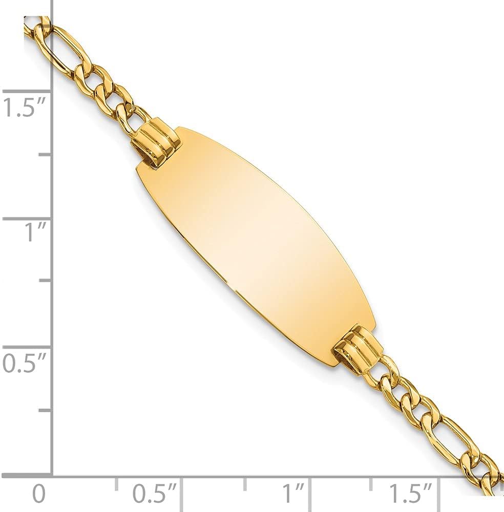 Engravable Personalized Custom 14K Yellow Gold Semi-Solid Oval ID Figaro Bracelet For Men or Women Length 7 inches Width 11.3 mm